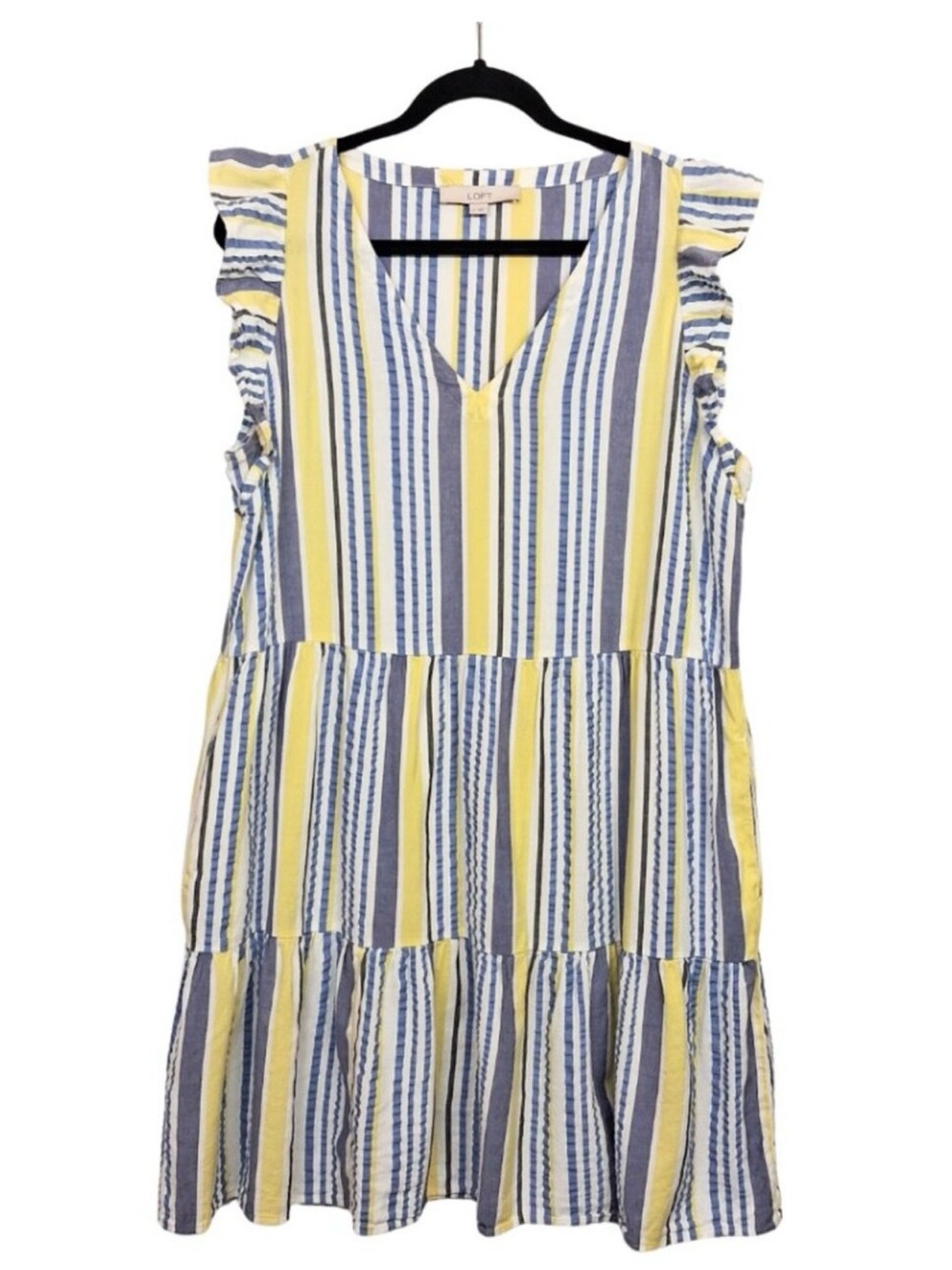 LOFT Yellow, Blue & White Striped Ruffle Sleeve Dress